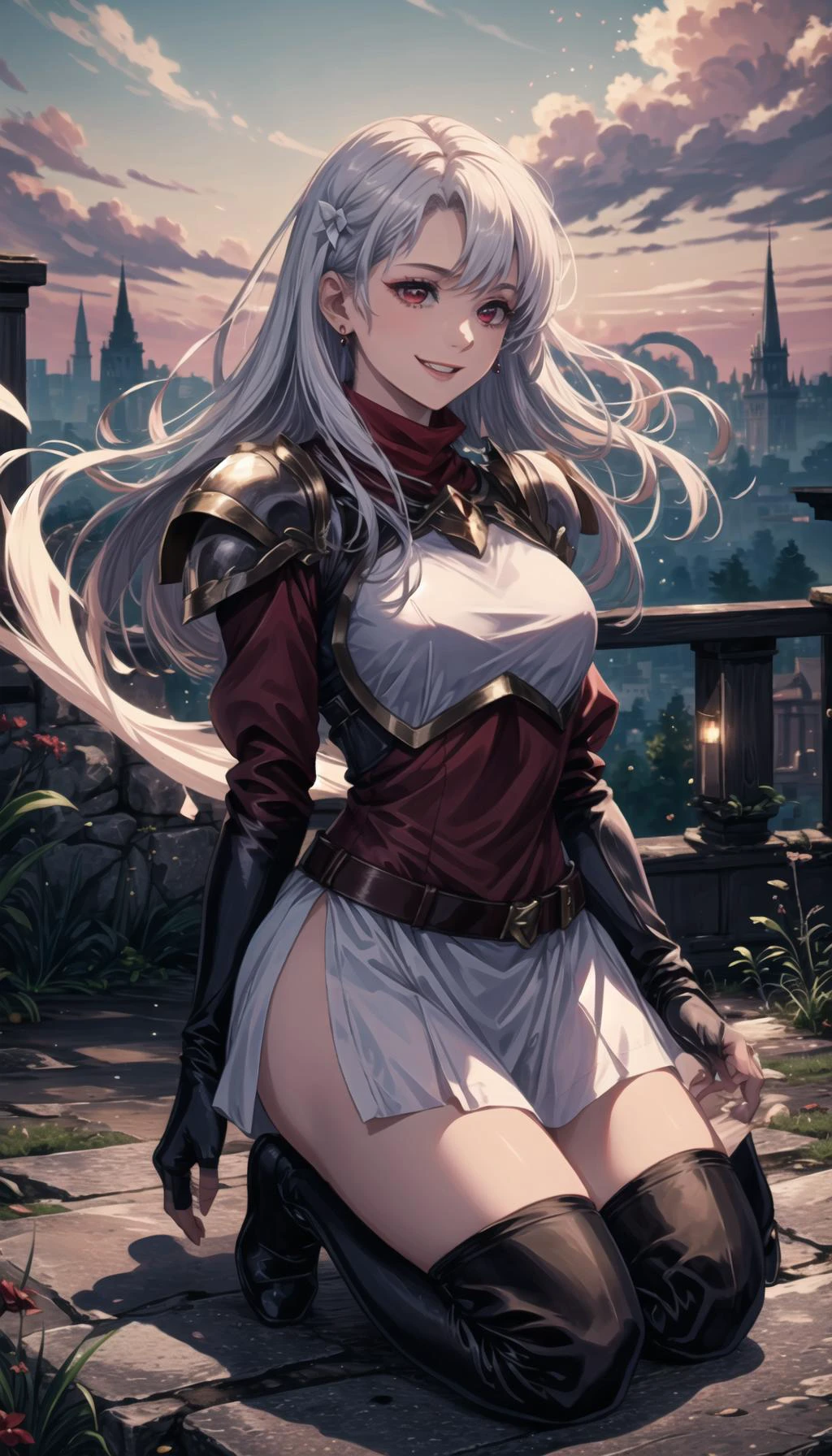 cute art,long white hair,long silver hair,knee length skirt,
professional art of a cute girl, girl leaning on a railing outdoor,
pkuniform, armor, red maxi dress, thigh red boots
ruby eyes,red eyes,
bloodmagic, fantasy, necklace with bloodmagic ruby,
<lora:PAseer-SD15-LCM Quick:0.8>, <lora:pkuniform-nvwls-v1:0.8>, <lora:BloodMagic:0.3>, <lora:Subneel:0.3>