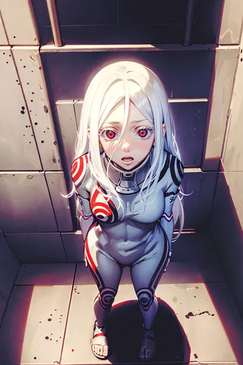 shiro /(deadman_wonderland/), sitting down on the floor, (prison bars:1.1), (inside a prison:1.3), cute, (standing:1.2), (white hair:1.2), (red eyes:1.3), crazy face, crazy eyes, pale skin,
<lora:shiro-dw:1>