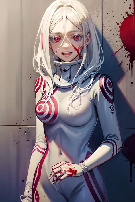 shiro /(deadman_wonderland/), standing, in front of a wall, inside a lab, cute, (standing:1.2), happy, (white hair:1.2), (red eyes:1.3), crazy face, crazy eyes, crazy smile, flames, blood splatter, blood stains, [flames in the background | bloody red flames], pale skin,

intricate detail, detailed hair, intricate detail, cinematic shot, highest quality, high quality, (detailed face and eyes:1.2), (detailed realistic background:1.3),

 <lora:shiro-dw:1>