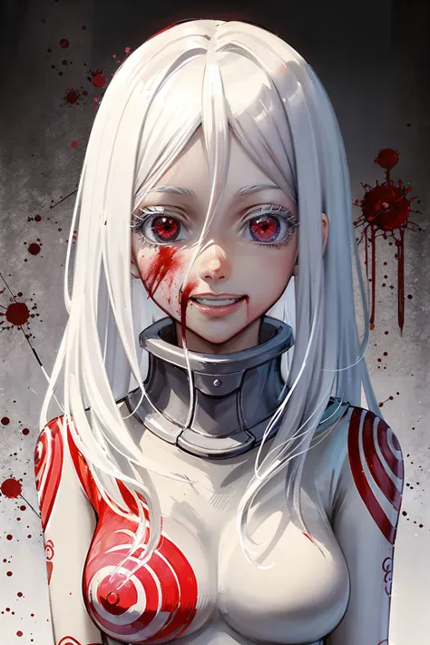 shiro /(deadman_wonderland/), cute, standing, happy, (white hair:1.2), (red eyes:1.3), crazy face, crazy eyes, crazy smile, flames, blood splatter, blood stains, [flames in the background | bloody red flames], pale skin,

intricate detail, detailed hair, intricate detail, cinematic shot, highest quality, high quality, (detailed face and eyes:1.2), (detailed realistic background:1.3),

 <lora:shiro-dw:1>