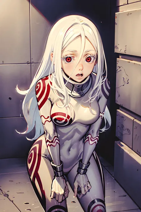 shiro /(deadman_wonderland/), sitting down on the floor, (prison bars:1.1), (inside a prison:1.3), cute, (standing:1.2), (white hair:1.2), (red eyes:1.3), crazy face, crazy eyes, pale skin,
<lora:shiro-dw:1>