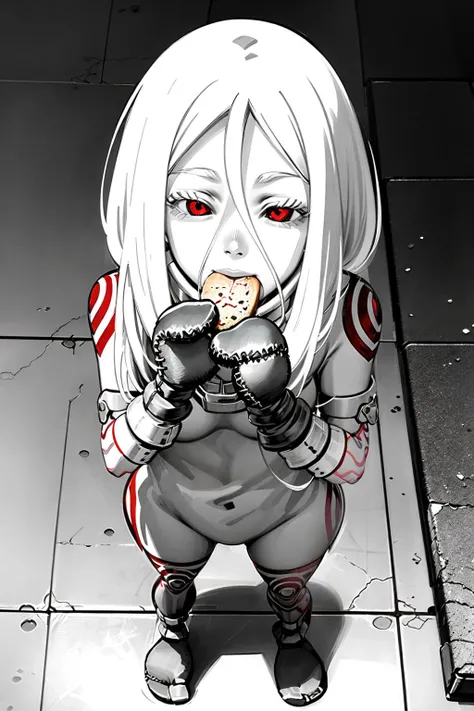 shiro /(deadman_wonderland/), (inside a prison:1.3), cute, (standing:1.2), (white hair:1.2), (red eyes:1.3), crazy face, crazy eyes, pale skin, (mittens:1.2), closed eyes, (eating a cookie:1.1), happy face,
<lora:shiro-dw:1>