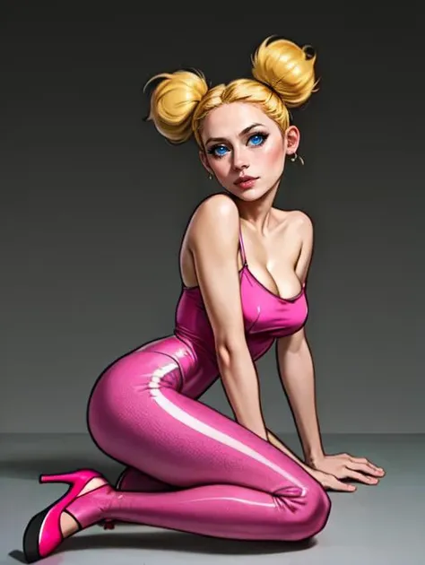 <lora:deedee1.0:0.6>,deedee,1girl,solo,blonde hair,blonde twintails,blue eyes,short twintails BREAK
sexy pink dress,medium breasts,revealing cleavage,pink footwear BREAK
pink and white striped leggings BREAK
revealed cleavage,exposed medium breasts,(covered nipples:1.1) BREAK
(ambient lighting:1.1)(ultra realistic,32k,RAW photo:1.1),(high detailed skin:1.1),8k uhd,dslr BREAK
high quality,film grain,(makeup, mascara:1.1),(shiny glossy translucent clothing:1.1) BREAK
looking at viewer seductively,full shot,simple background,insanely detailed,best quality,masterpiece,(photorealistic:1.1),
