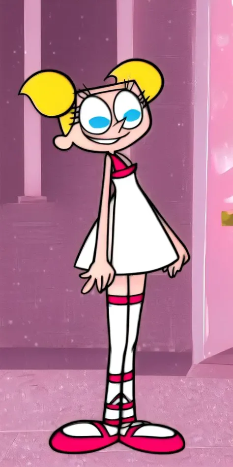 (best-lifelike-realistic-lookalike, best-photo-lookalike, FullHD)    <lora:deedee1.0:1> blonde hair, deedee, solo, white legwear, pink dress, twintails, blue eyes, 1girl, short twintails, smile, standing, pink footwear, high-twintails