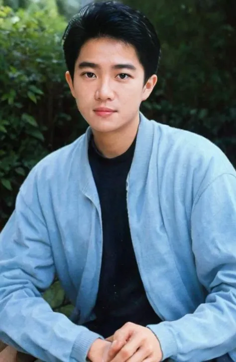 (8K, RAW photo, best quality, masterpiece:1.2), Fujifilm XT3, ultra high res, 8K UHD, HDR, dslr, professional photograph, (realistic, photorealistic:1.4), professional light, 1boy, (dannychan boy), solo, male focus, black hair, jacket, realistic, blurry background, blurry, looking at viewer, pants, squatting, long sleeves, blue jacket, <lora:DannyChan_ICBINP_AfterBurn:.8>
