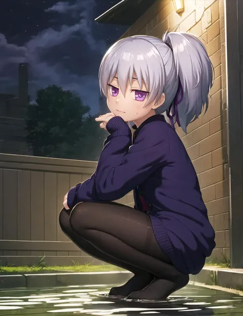 full body, squatting,from side, looking at viewer, <lora:yukino_minato_style_v2:1:1:lbw=.45,1.2,1.5,-1,-1,1,1,1,1,1,1,1,1,1,2,2,1.5,1,2,2,2,1,1,1,1,1>, <lora:yin_darker_than_black:.8> yin_darker_than_black, grey hair, purple eyes, puddle, blue sunbeam, night, pantyhose, purple cardigan