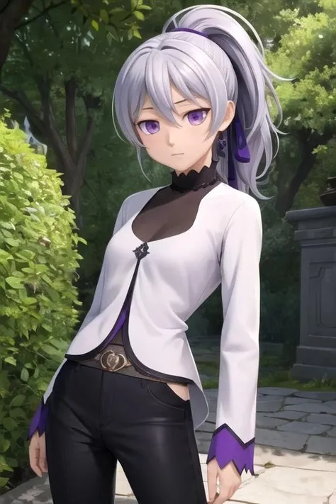 masterpiece, best quality, game cg, 1girl, solo, looking at viewer, , depth of field, ligne claire, , <lora:yin_darker_than_black:0.66>, yin_darker_than_black, grey hair, purple eyes, ponytail, pants, , A magical kingdom where everything is perfect and everyone is happy, 32k resolution