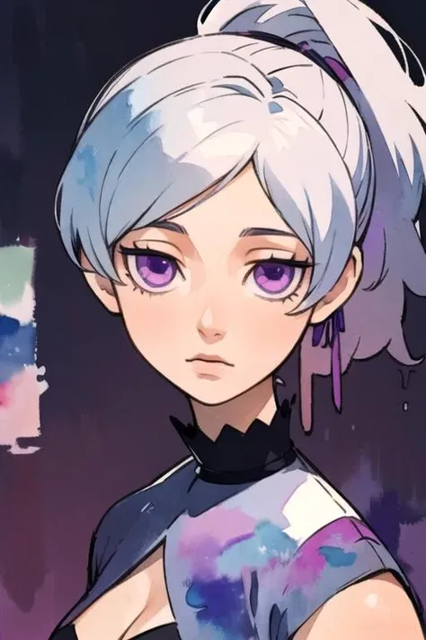 masterpiece, best quality, wallpaper, 1girl, solo, looking at viewer, , depth of field, (watercolor illustration, soft pastel colors:1.1), realistic, <lora:yin_darker_than_black:0.74>, yin_darker_than_black, grey hair, purple eyes, ponytail, , ,