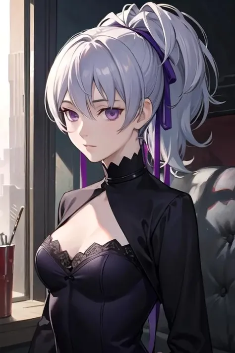 masterpiece, best quality, wallpaper, 1girl, solo, looking at viewer, upper body, , ligne claire, realistic, <lora:yin_darker_than_black:0.74>, yin_darker_than_black, grey hair, purple eyes, ponytail, dracula costume, cyberpunk, 2k resolution