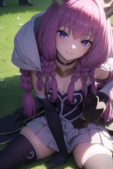 auratheguillotine, <lora:aura the guillotine v2-lora-nochekaiser:1>,
aura the guillotine, long hair, (purple eyes:1.1), purple hair, braid, horns, twin braids, smile,
BREAK skirt, thighhighs, gloves, choker, black gloves, elbow gloves, magical girl,
BREAK outdoors,
BREAK looking at viewer,
BREAK <lyco:GoodHands-beta2:1>, (masterpiece:1.2), best quality, high resolution, unity 8k wallpaper, (illustration:0.8), (beautiful detailed eyes:1.6), extremely detailed face, perfect lighting, extremely detailed CG, (perfect hands, perfect anatomy),