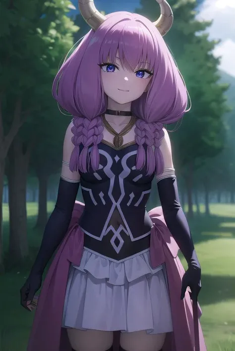 aura the guillotine, <lora:aura the guillotine v2-lora-nochekaiser:1>,
aura the guillotine, long hair, (purple eyes:1.1), purple hair, braid, horns, twin braids, smile,
BREAK skirt, thighhighs, gloves, choker, black gloves, elbow gloves, magical girl,
BREAK outdoors,
BREAK looking at viewer,
BREAK <lyco:GoodHands-beta2:1>, (masterpiece:1.2), best quality, high resolution, unity 8k wallpaper, (illustration:0.8), (beautiful detailed eyes:1.6), extremely detailed face, perfect lighting, extremely detailed CG, (perfect hands, perfect anatomy),