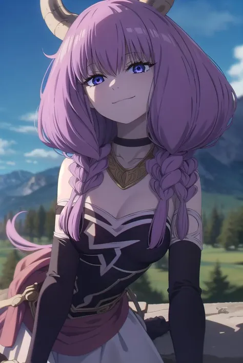 aura the guillotine, <lora:aura the guillotine s1-lora-nochekaiser:1>,
aura the guillotine, long hair, (purple eyes:1.1), purple hair, braid, horns, twin braids, smile,
skirt, thighhighs, gloves, choker, black gloves, elbow gloves, magical girl,
BREAK outdoors, park, sun, sky, cloud,
BREAK looking at viewer,
BREAK <lyco:GoodHands-beta2:1>, (masterpiece:1.2), best quality, high resolution, unity 8k wallpaper, (illustration:0.8), (beautiful detailed eyes:1.6), extremely detailed face, perfect lighting, extremely detailed CG, (perfect hands, perfect anatomy),