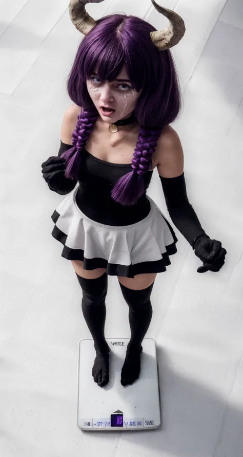 1girl, (looking down:1.2),(white floor body scale:1.7), 
 scared, inside rustic bathroom interior, dim light, (full body view:1.3),  (crying:1.1),
 aura the guillotine, long hair, (purple eyes:1.1), purple hair, braid, horns, twin braids,
crazy face, crazy eyes,horrified, scared, small pupils, constricted pupils
 skirt, thighhighs, gloves, choker, black gloves, elbow gloves, standing on top of body scale,
<lora:aura the guillotine s1-lora-nochekaiser:0.75> 
<lora:Crazy_ExpressionsV2:0.35>