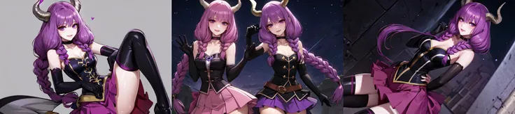 aura the guillotine, <lora:aura the guillotine v2-lora-nochekaiser:0.5>,
aura the guillotine, long hair, (purple eyes:1.1), purple hair, braid, horns, twin braids, smile,
BREAK
skirt, thighhighs, gloves, choker, black gloves, elbow gloves, magical girl