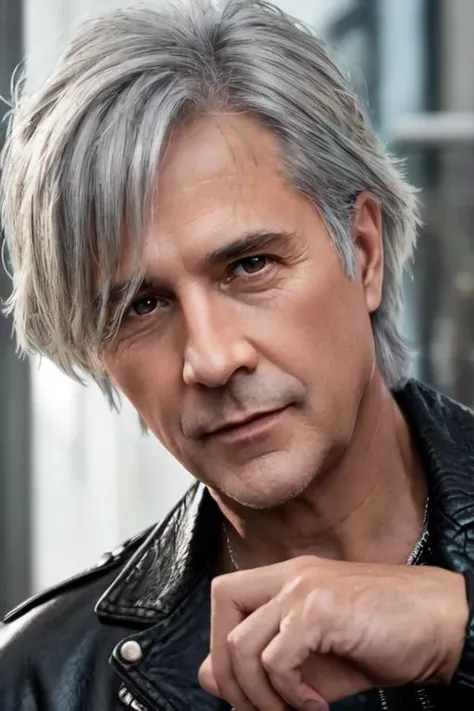 one old skinny man, <lora:Nicosirkis:0.8>, short grey hair, leather pants and leather jacket, concert, ultra-detailed human face, amazing fine detail, Canon 5DM4, film stock photograph, f1.6 lens, lifelike texture, lighting, dynamic composition, unreal engine, photorealist, real life