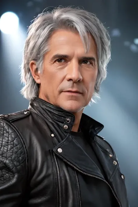 one old skinny man, <lora:Nicosirkis:0.8>, short grey hair, leather pants and leather jacket, concert, ultra-detailed human face, amazing fine detail, Canon 5DM4, film stock photograph, f1.6 lens, lifelike texture, lighting, dynamic composition, unreal engine, photorealist, real life