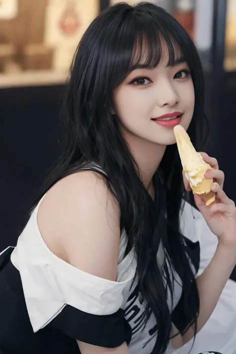 official art, unity 8k wallpaper, ultra detailed, (beautiful and aesthetic:1.2), beautiful, masterpiece, best quality, Cinematic Lighting Effects, ray tracing,
chengxiao, 1girl, solo, black wavy hair, bangs, looking at viewer, black shirt, makeup, res lips, (bright smile), holding a ice cream and licking, front ice cream shop, upper body,<lora:chengxiao_v3:0.7>,