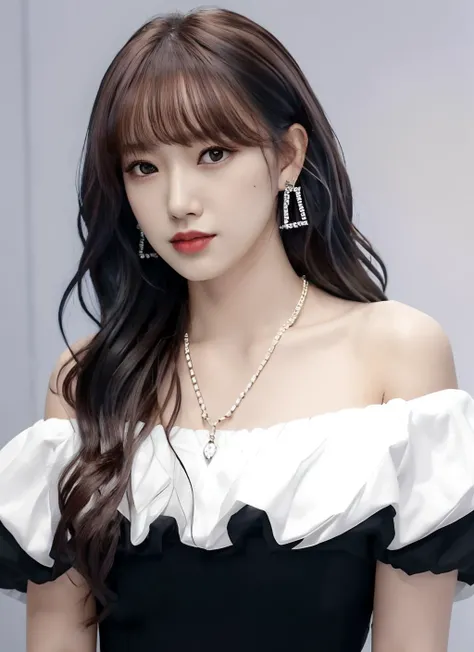 best quality, chengxiao, 1girl, solo, long hair, looking at viewer,  brown hair,  dress, bare shoulders,  closed mouth, upper body, earrings, necklace, off shoulder, black dress,  off-shoulder dress <lora:chengxiao_v3:0.7>