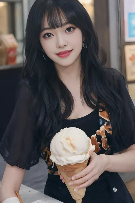 official art, unity 8k wallpaper, ultra detailed, (beautiful and aesthetic:1.2), beautiful, masterpiece, best quality, Cinematic Lighting Effects, ray tracing,
chengxiao, 1girl, solo, black wavy hair, bangs, looking at viewer, black shirt, makeup, res lips, (bright smile), holding a ice cream and licking, front ice cream shop, upper body,<lora:chengxiao_v3:0.7>,