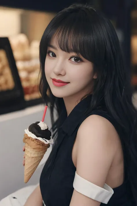 official art, unity 8k wallpaper, ultra detailed, (beautiful and aesthetic:1.2), beautiful, masterpiece, best quality, Cinematic Lighting Effects, ray tracing,
chengxiao, 1girl, solo, black wavy hair, bangs, looking at viewer, black shirt, makeup, res lips, (bright smile), holding a ice cream and licking, front ice cream shop, upper body,<lora:chengxiao_v3:0.7>,