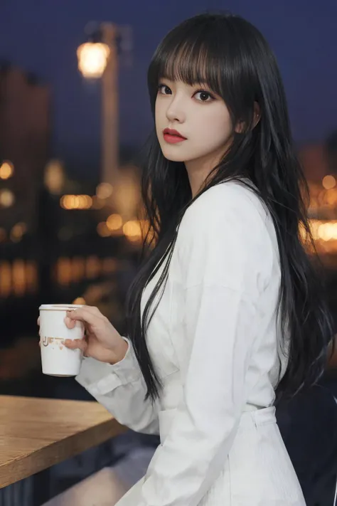 official art, unity 8k wallpaper, ultra detailed, (beautiful and aesthetic:1.2), beautiful, masterpiece, best quality, Cinematic Lighting Effects, ray tracing,
chengxiao, 1girl, solo, black wavy hair, bangs, white shirt, makeup, res lips, holding a cup of coffee, eyes watching the lights flashing in the night scene, while savoring, the river at night, cafe, sitting, blurred background, upper body, from side, <lora:chengxiao_v3:0.7>,