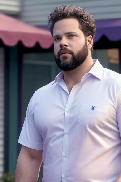 (gregnobodysd15 in a white shirt), (realistic, best quality, photo-realistic, best quality:1.3), SFW, (Establishing shot, Shot from below, shot by Panasonic camera, Shot on 35mm film, Split Diopter, 85mm lens), (Dark Purple, Silver, and Coral colors, Urban colors)