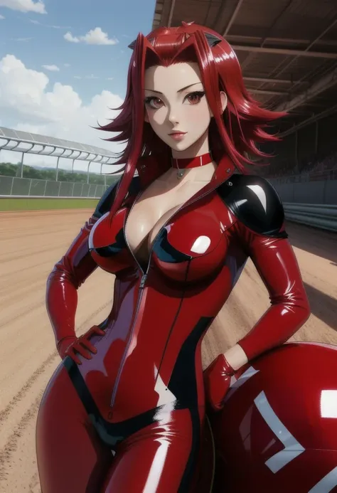 high resolution, masterpiece, high quality, promo art, <lora:Izayoi_aki_v1:.8>, Izayoi_Aki, choker, red latex bodysuit, cleavage, large breasts, ((race track)), (extremely glossy)