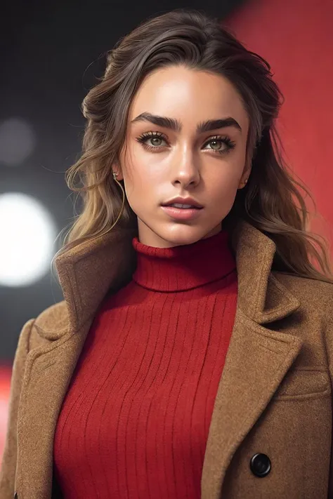 photo of (s0mmerr4y:0.99), a woman as a movie star, modelshoot style, (extremely detailed CG unity 8k wallpaper), photo of the most beautiful artwork in the world, professional majestic oil painting by Ed Blinkey, Atey Ghailan, Studio Ghibli, by Jeremy Mann, Greg Manchess, Antonio Moro, trending on ArtStation, trending on CGSociety, Intricate, High Detail, Sharp focus, dramatic, photorealistic painting art by midjourney and greg rutkowski, (long brown coat), (turtleneck), ((comicon event)), (leather trousers), ((standing on the red carpet)), ((paparazzi in the background)), (looking at viewer), (detailed pupils:1.3), (modern outfit:1.2), closeup, red lips, (eye shadow)