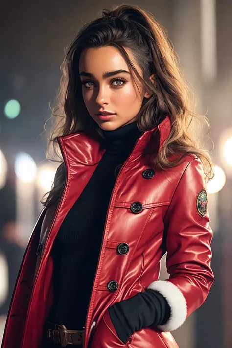 photo of (s0mmerr4y:0.99), a woman as a movie star, modelshoot style, (extremely detailed CG unity 8k wallpaper), photo of the most beautiful artwork in the world, professional majestic oil painting by Ed Blinkey, Atey Ghailan, Studio Ghibli, by Jeremy Mann, Greg Manchess, Antonio Moro, trending on ArtStation, trending on CGSociety, Intricate, High Detail, Sharp focus, dramatic, photorealistic painting art by midjourney and greg rutkowski, (long brown coat), (turtleneck), ((comicon event)), (leather trousers), ((standing on the red carpet)), ((paparazzi in the background)), (looking at viewer), (detailed pupils:1.3), (modern outfit:1.2), (closeup), red lips, (eye shadow)