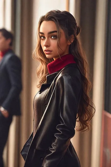 photo of (s0mmerr4y:0.99), a woman as a movie star, modelshoot style, (extremely detailed CG unity 8k wallpaper), photo of the most beautiful artwork in the world, professional majestic oil painting by Ed Blinkey, Atey Ghailan, Studio Ghibli, by Jeremy Mann, Greg Manchess, Antonio Moro, trending on ArtStation, trending on CGSociety, Intricate, High Detail, Sharp focus, dramatic, photorealistic painting art by midjourney and greg rutkowski, (long brown coat), (turtleneck), ((comicon event)), (leather trousers), ((standing on the red carpet)), ((paparazzi in the background)), (looking at viewer), (detailed pupils:1.3), (modern outfit:1.2), (closeup), red lips, (eye shadow)