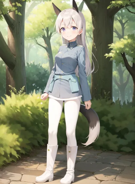 Eila, 1girl, solo, long hair, blush, smile, blue eyes, animal ears, purple eyes, grey hair, uniform, military, fox ears, military uniform, fox girl , ((full body)) , white boots , white pantyhose , (nature background) <lora:Eila-10:1>