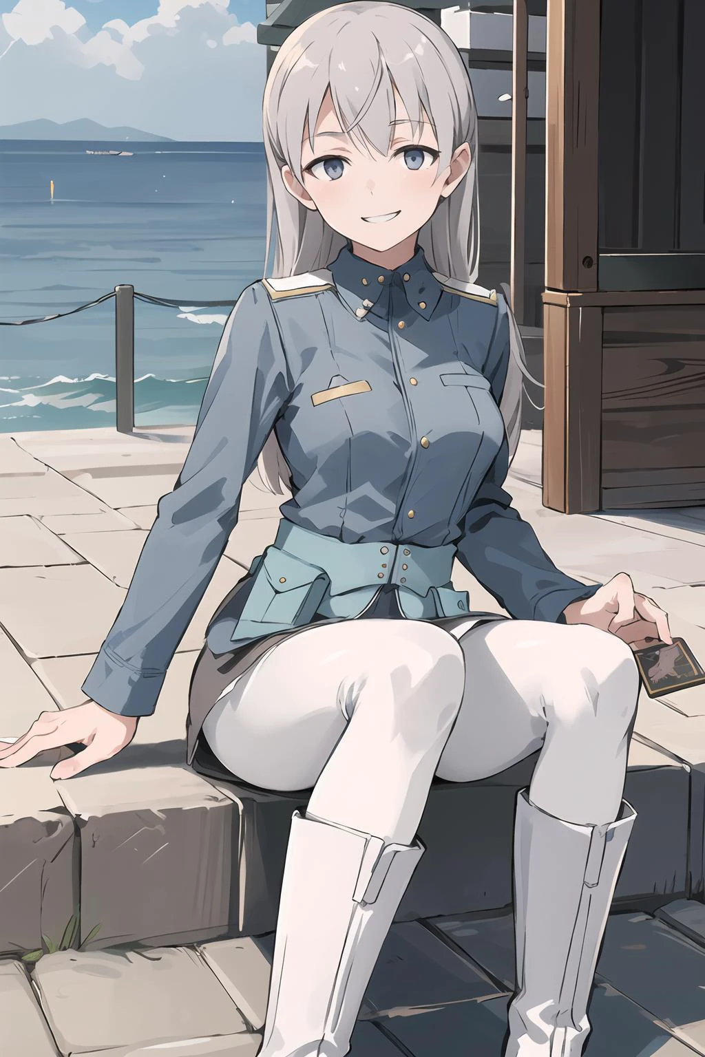 masterpiece, Eila , grey Hair , long hair , blue eyes , pale skin, Military Uniform , white Pantyhose , white boots, best quality, smiling, smug, outside, pier, concrete, airbase, holding tarot card, tarot cards