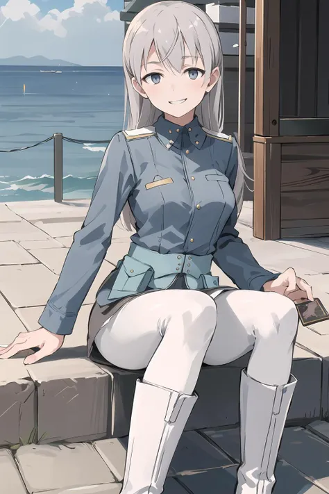 masterpiece, Eila , grey Hair , long hair , blue eyes , pale skin, Military Uniform , white Pantyhose , white boots, best quality, smiling, smug, outside, pier, concrete, airbase, holding tarot card, tarot cards