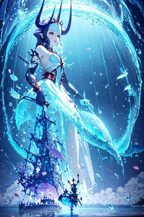sdsHel, multicolored hair, horns, crown, bare shoulders, white dress, armored dress, single glove, <lora:Char_7DS_Hel:1>, blue dream, scenery, sky, cloud, out doors, whale, fish, bubble, water, petals, fantasy, ocean, surreal, <lora:Pos_BlueDream:0.65>, full body, wrenchsfantasy, fantasy, glowing, <lora:Style_WrenchsFantasies:0.75>, 1girl,