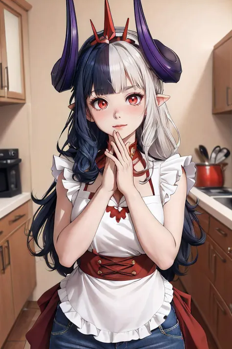 ultra detailed, sharp focus, best quality, masterpiece, colorful, 1 woman, <lora:hel-nvwls-v1:0.8> sdsHel, (multicolored hair), horns, crown, apron, jeans, full body shot, hands together, head bowed down, blush, cute face, kitchen background, POV, looking at the viewer, best quality, masterpiece, intricate details