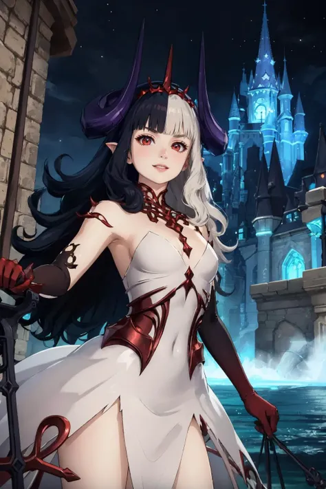 at a dungeon, 1girl, solo, close up, sdsHel, multicolored hair, horns, crown, bare shoulders, white dress, armored dress, single glove, medium chest, <lora:hel-nvwls-v1:0.8>, looking at viewer, <lora:add_detail:1>