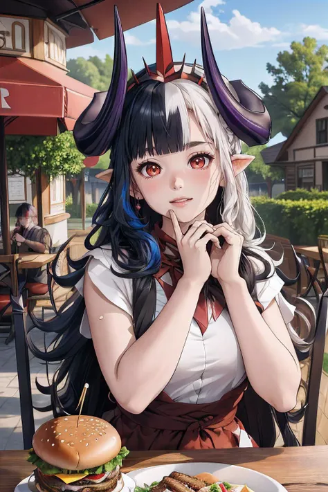 ultra detailed, sharp focus, best quality, masterpiece, colorful, 1 woman, <lora:hel-nvwls-v1:0.8> sdsHel, (multicolored hair), horns, crown, oversized sweater, full body shot, hands together, head bowed down, blush, cute face, outdoor diner background, burger, POV, looking at the viewer, best quality, masterpiece, intricate details