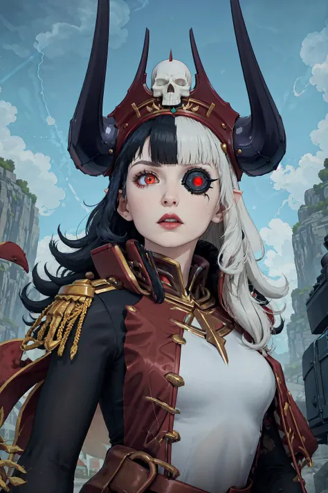 sdsHel, multicolored hair, horns, <lora:Char_7DS_Hel:1>, edgCommissar, epaulettes, wearing edgCommissar, ((artificial eye)), skull emblem, millitary uniform, hat, <lora:Outfit_Warhammer40KCommissar:1>, upper body,