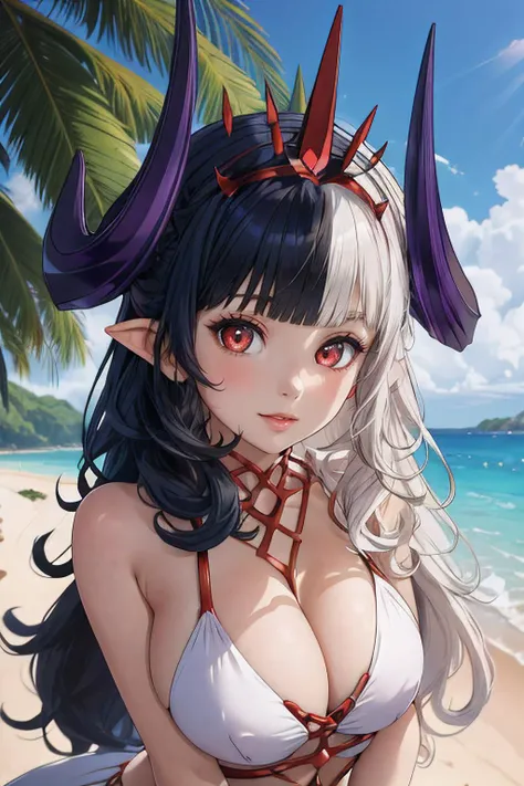 ultra detailed, sharp focus, best quality, masterpiece, colorful, 1 woman, <lora:hel-nvwls-v1:0.8> sdsHel, (multicolored hair), horns, crown, frilly swimsuit, sunbathing, cute face, beach background, POV, looking at the viewer, best quality, masterpiece, intricate details