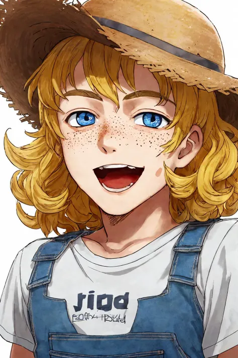 close-up photo portrait of a 20 yo european man, blond short curly hair, blue eyes, laughing face expression, freckles, denim overall, t-shirt, straw hat, farmer, simple background