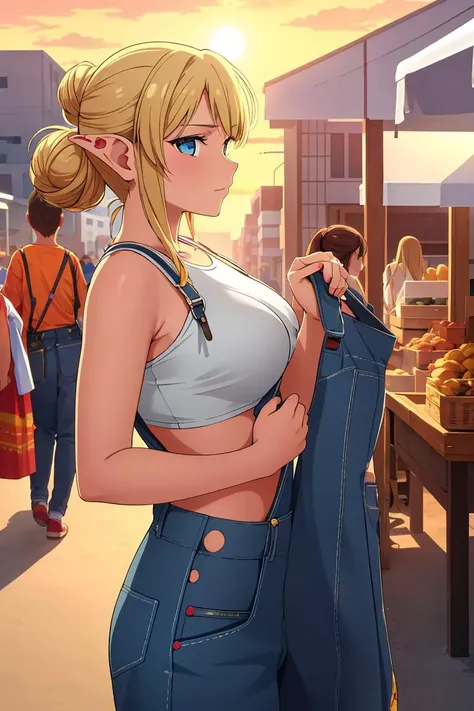 (masterpiece, best quality),female eighteen, robust, native hawaiian, turquoise eyes, pointed ears, unique cheeks, , dirty blonde messy bun hair, pride wearing bermuda overalls, keyhole top, , side profile pose, turning to the side with a seductive glance, emphasizing facial features and allure, sunrise lighting, the soft, gradual light of a sunrise, symbolizing new beginnings and hope, a vibrant street market, with vendors showcasing their unique crafts and products