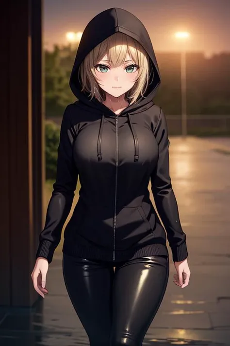((masterpiece:1.2, best quality)), (((hooded women))) ((hood up)), black tactical, black leather pants, combat boots, wet skin, wet, best quality, sultry, seductive, soft smile, cinematic lighting, depth of field, best quality, sultry, seduce, soft light, cinematic lighting, dusk, outdoor, depth of field, <lora:hairdetailer:0.77>, <lora:epi_noiseoffset2:0.4>,