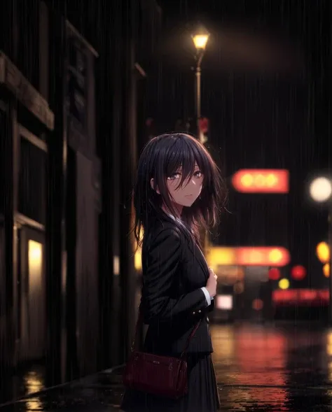 dark, night scene, black school uniform, side bag, windy hair,(dark eyes, black hair, mature:1.3), best quality, soft light, cinematic lighting, dusk, outdoor, depth of field, wet, raining, wet clothes, wet hair, <lora:epi_noiseoffset2:0.4>, <lora:hairdetailer:0.66>