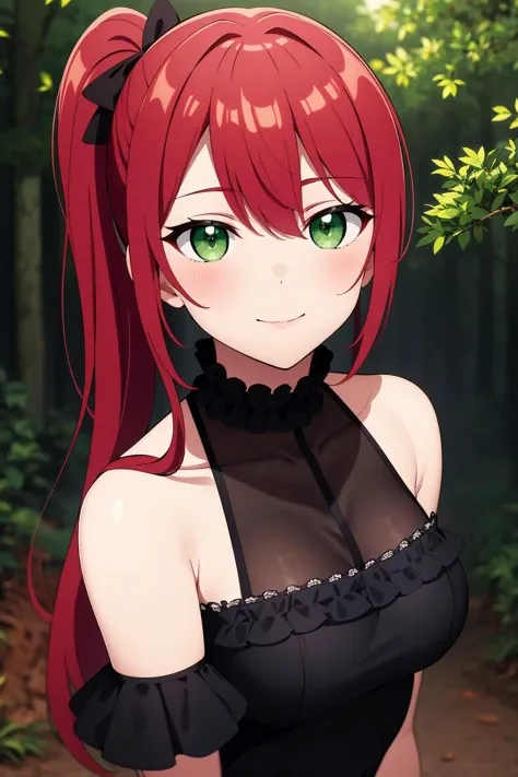 (masterpiece), best quality, expressive eyes, perfect face, solo, 
long hair, wavy hair, red hair, green eyes, side ponytail, medium breasts, black dress, frills, light smile, 
portrait, forest, from above, night,