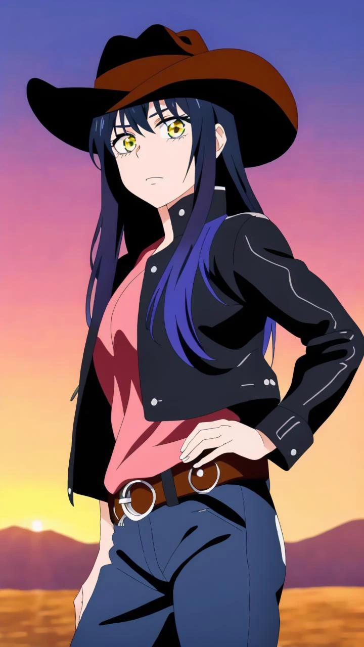 masterpiece, best quality,
<lora:MikoV1.4-000010:0.8> MIKO, YELLOW EYES, LONG HAIR, BLACK HAIR, BLUE HAIR, MULTICOLORED HAIR, SIDELOCKS, BANGS,
(cowboy western , cowoby clothes, leather jacket:1.2), cowboy hat,
desert sunset,