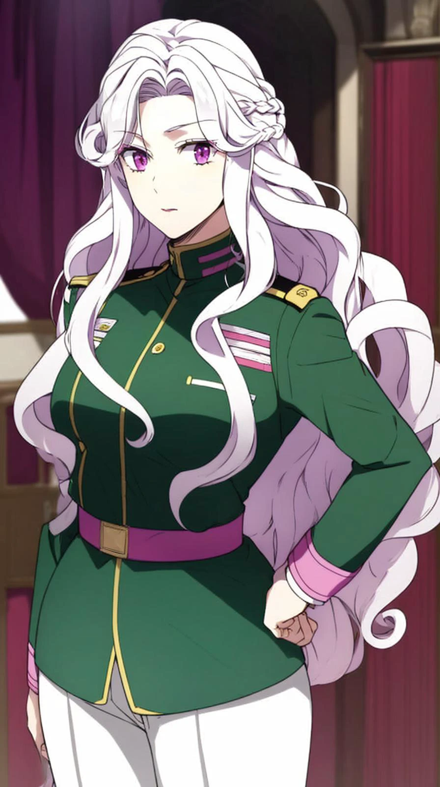 masterpiece, best quality
<lora:Abigail-002-000007:0.7> abigail, long hair, solo, looking at viewer, purple eyes, very long hair, white hair, pink eyes, curly hair
"adult woman", (25 years old, 25y.o.),
(vivid colors)
(green military uniform:1.2),pants,