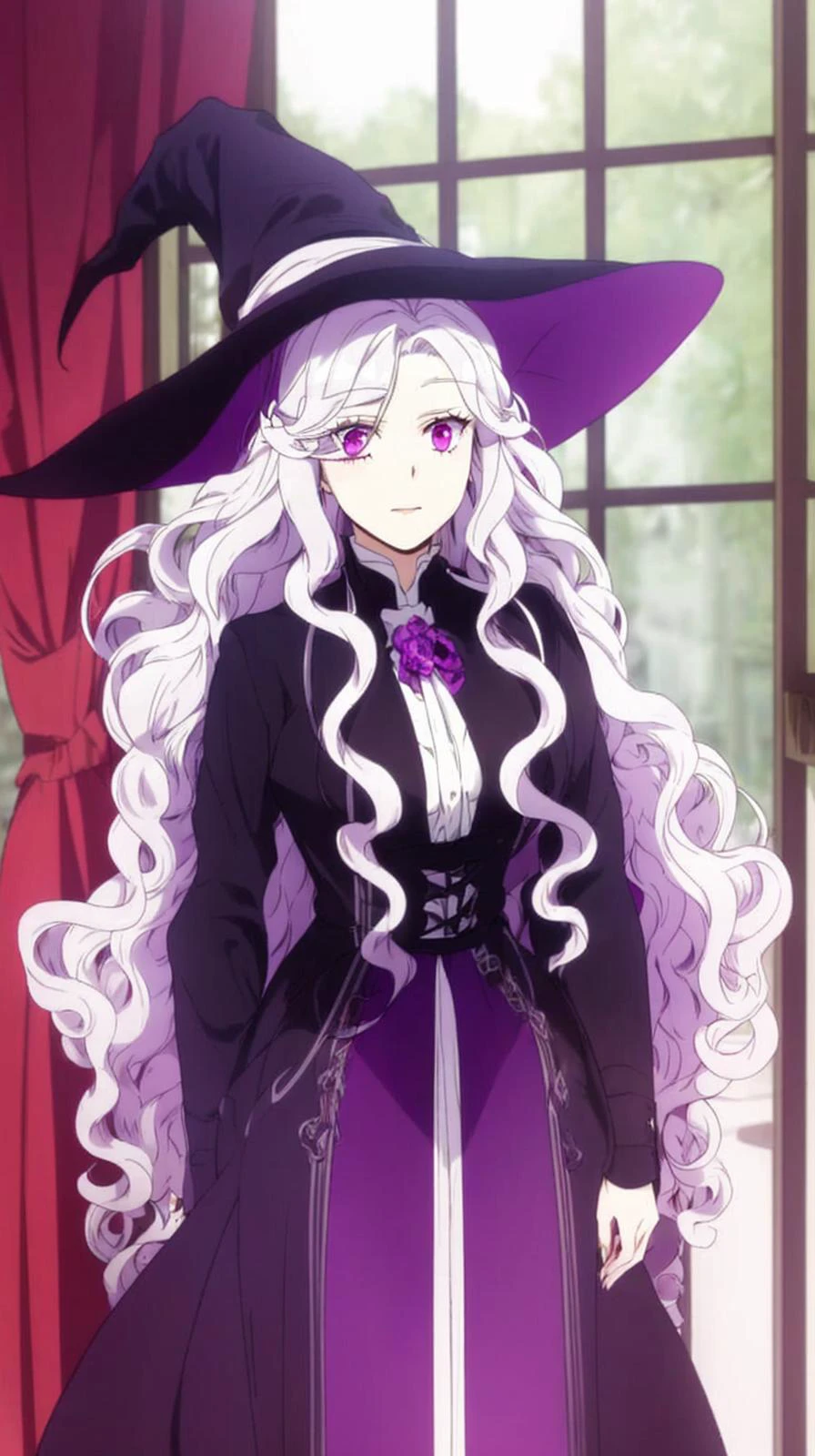 masterpiece, best quality
<lora:Abigail-002-000007:0.7> abigail, long hair, solo, looking at viewer, purple eyes, very long hair, white hair, pink eyes, curly hair
"adult woman", (25 years old, 25y.o.),
(vivid colors)
(witch, black dess, whitch hat),
witch house, outside window dark forrest,