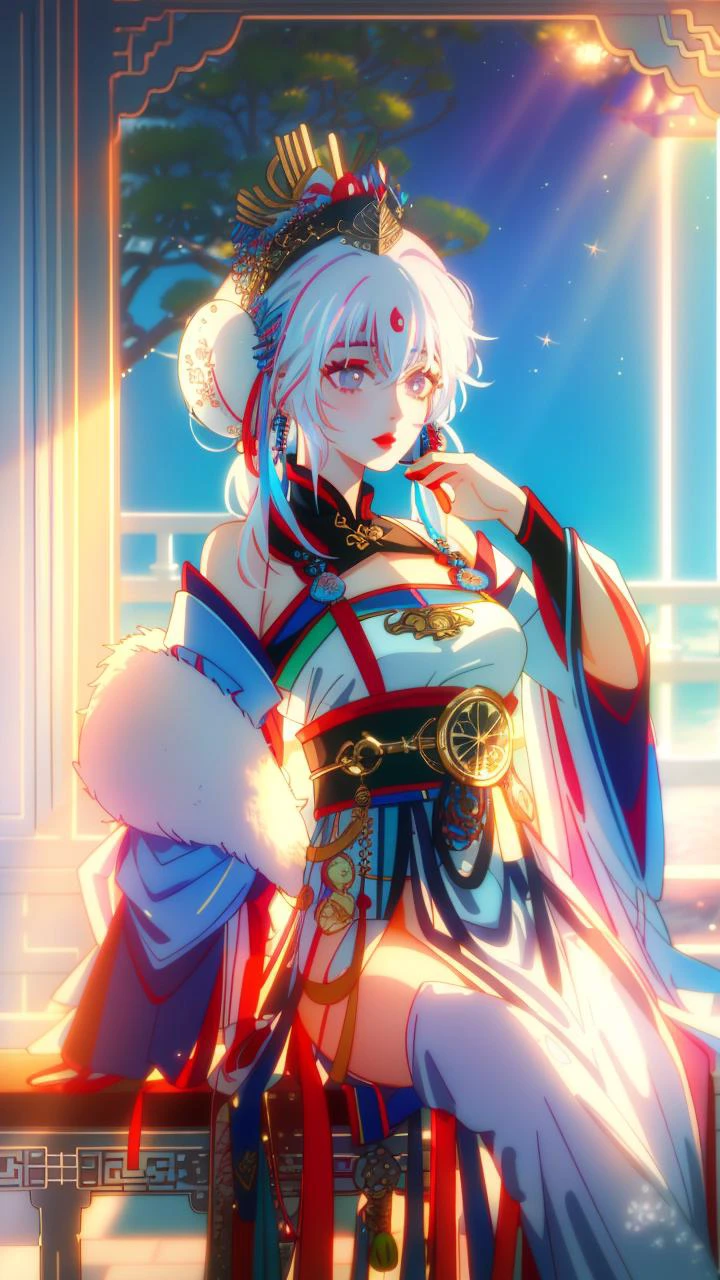 masterpiece, best quality,
vivid colors,
1girl, (solo)
(24 years old, 24y.o, adult)
glowing hair, white hair, sparkling hair,
light blue eyes
hat
skimpy clothes
looking to the side
" "
<lora:shanzhagao128dim-epoch-000010:1> HANFU, RED LIPS, LIGHT RAYS, EAST ASIAN ARCHITECTURE