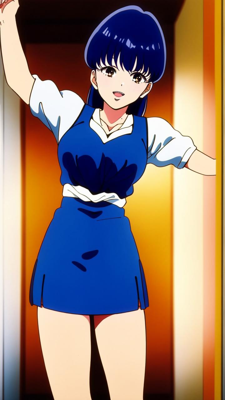 A close up of a woman in a blue dress standing in a hallway - SeaArt AI