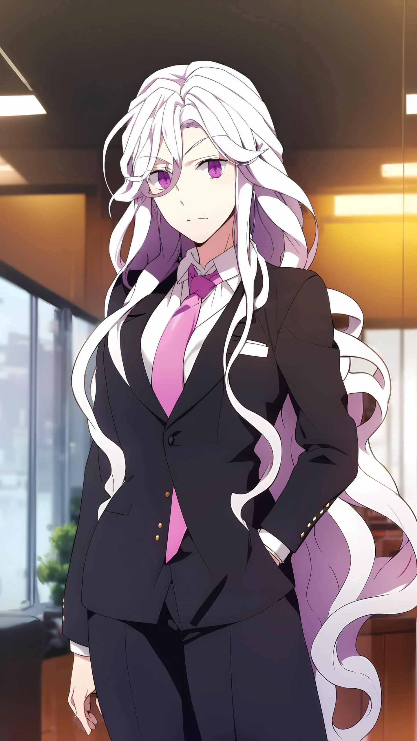 <lora:Abigail-002-000007:0.8> abigail, long hair, solo, looking at viewer, purple eyes, very long hair, white hair, pink eyes, curly hair
(black business suit, necktie:1.2)
(inside office),